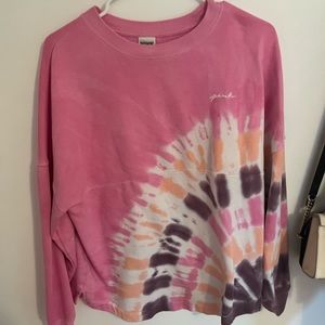 VS/PINK, tie dye, hoodie, and embroidered back.